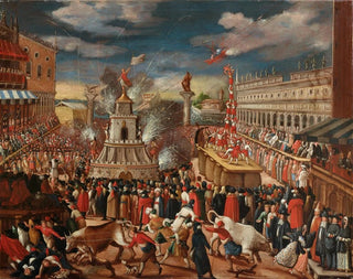 Venetian School - The Giovedi grasso festival with the Forze dErcole in the Piazetta Venice.webp