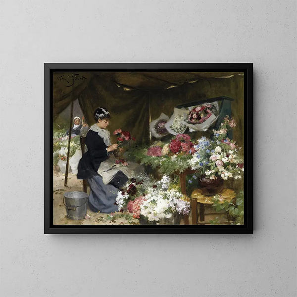 En blomsterhandlare som förbereder sina buketter - Victor Gabriel Gilbert — inramlat konstverk på väggen