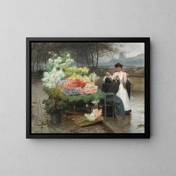 målning La marchande de fleurs sur les quais de Paris vers 1890 - Victor Gabriel Gilbert — inramlat konstverk på väggen