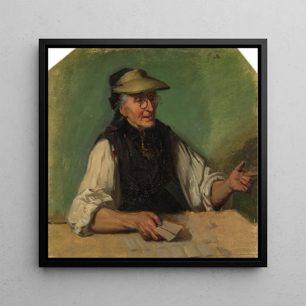 Vieille Schwarzwaldienne avec un ombre de yeux et des cartes à jouer dans la main droite assise derrière une table - Johann Baptist Kirner