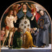 Vierge de Miséricorde och helgon Sébastien och Bernardino de Sienne - Luca Signorelli — visat i en interiör