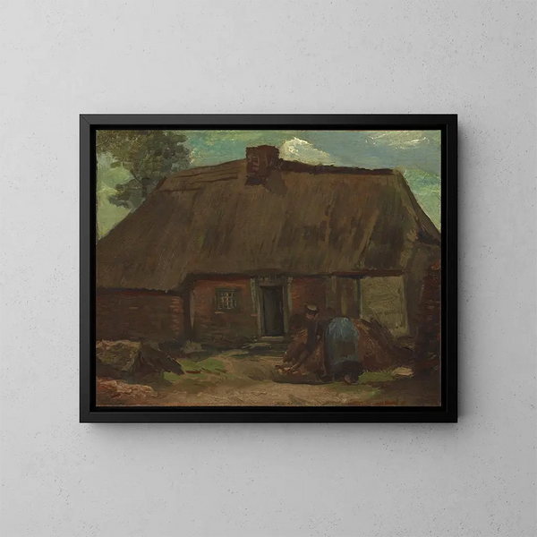 stuga med bondkvinna som gräver - Vincent van Gogh — inramlat konstverk på väggen