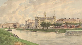Vincenz Havlicek - Die Weissgrber Lnde in Wien mit dem DonauDampfschiffahrtsgebude.webp