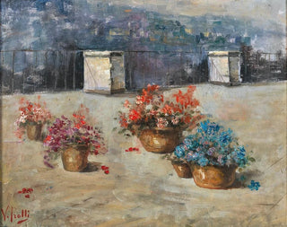 solig terrass med blomkrukor - Vincenzo Irolli — vy av konstverket
