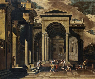 Viviano Codazzi - A Capriccio Of The Exterior Of An Elaborate Palace With Saint Peter Healing The Lame.webp