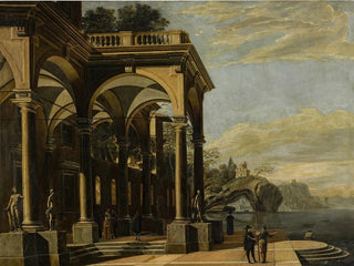 Viviano Codazzi - An architectural capriccio with figures by a colonnaded portico a castle on a sea arch and coastal village beyond.webp