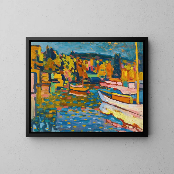 Studie för höstlandskap med båtar - Wassily Kandinsky — inramlat konstverk på väggen
