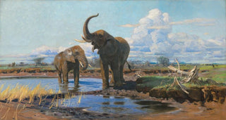 Wilhelm Kuhnert - Elephants at a waterhole.webp