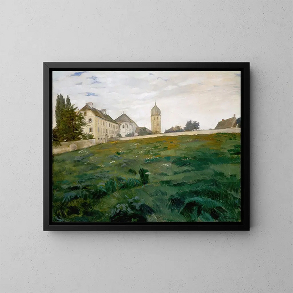 Prairie du monastère de Frauenchiemsee avec clocher III - Wilhelm Trübner — inramlat konstverk på väggen