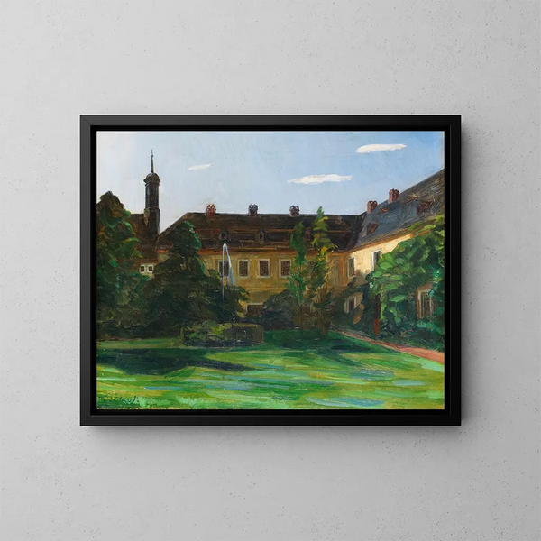 klostergården i Neuburg med fontän II - Wilhelm Trübner — inramlat konstverk på väggen
