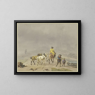 Wilhelm von Kobell - Reitender Postillion mit zwei Handpferden in winterlicher Landschaft.webp