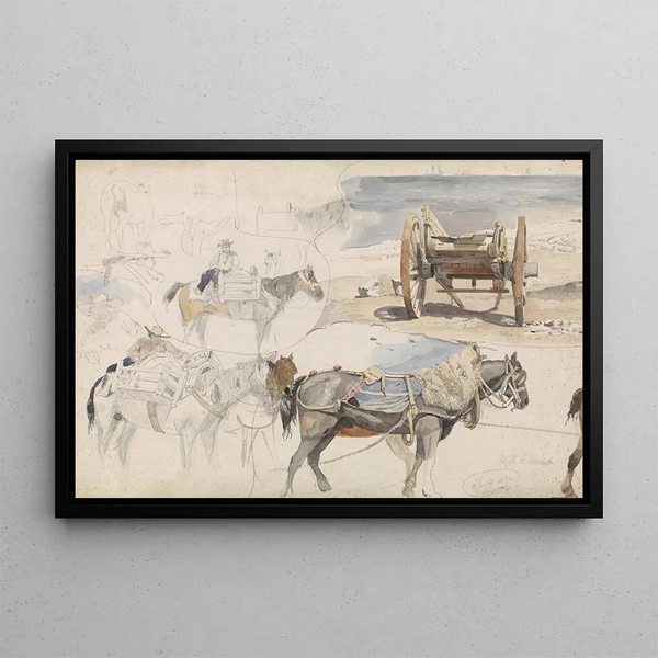 Willem Anthonie van Deventer - Studieblad met schelpenkar op het strand en diverse studies van paarden.webp