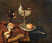 En clementin i en porslinskål, en nautilus-kopp, en roemer, två glas, en kniv, en skalad citron på en prydd matta, på ett bord. - Willem Claesz Heda — vy av konstverket