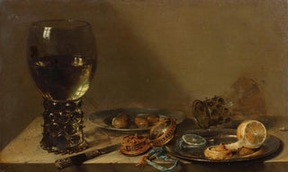 Willem Claesz Heda - A large roemer a silver knife a gold pocket watch with blue ribbon a pewter plate with a peeled lemon with other objects on a ledge.webp