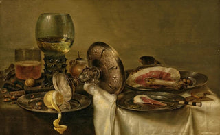 Willem Claesz Heda - A partially draped table with an overturned tazza roemer and glass of beer with a partially peeled lemon and ham on pewter plates.webp