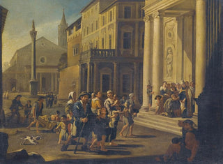 Willem Reuter - A Townscape With A Bishop Healing The Sick And Injured In Front Of A Church.webp