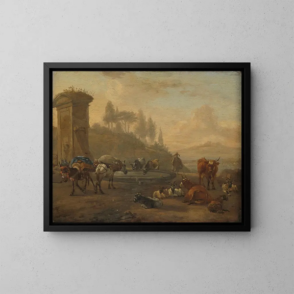 Bétail près d'une fontaine - Willem Romeyn — inramlat konstverk på väggen