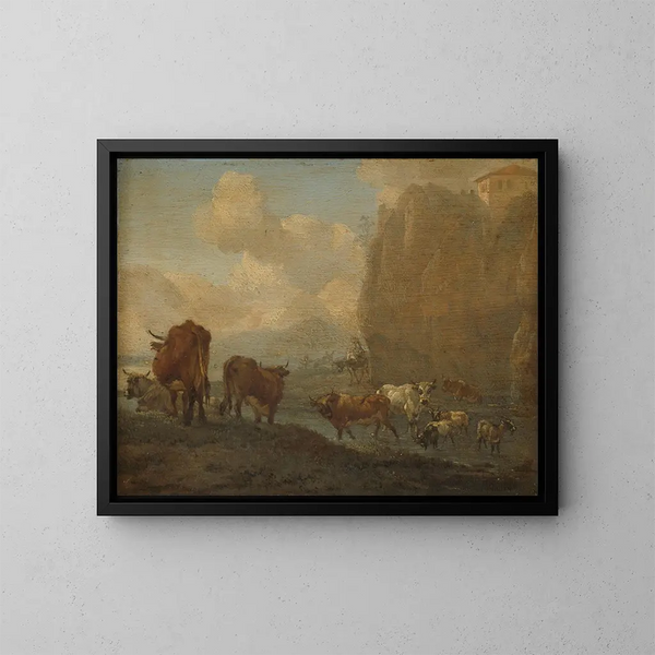 Bétail au bord d'une rivière - Willem Romeyn — inramlat konstverk på väggen