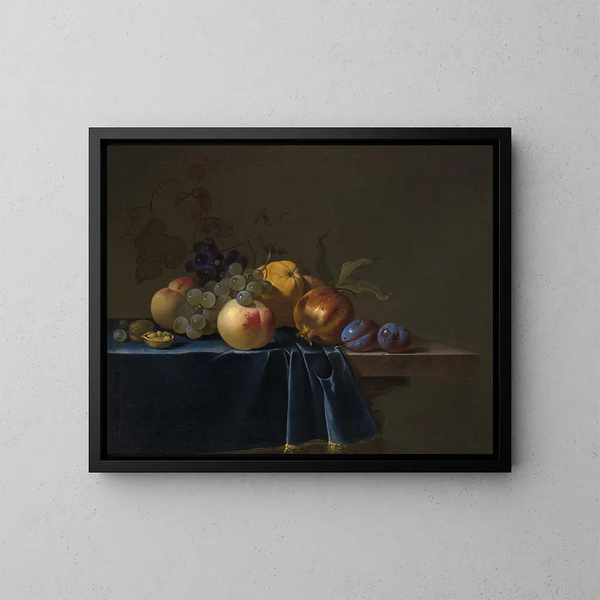 med persikor, druvor, granatäpple och plommon på en entablement - Willem van Aelst — inramlat konstverk på väggen