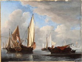 En yacht och andra fartyg i lugn - Willem van de Velde den Yngre — vy av konstverket