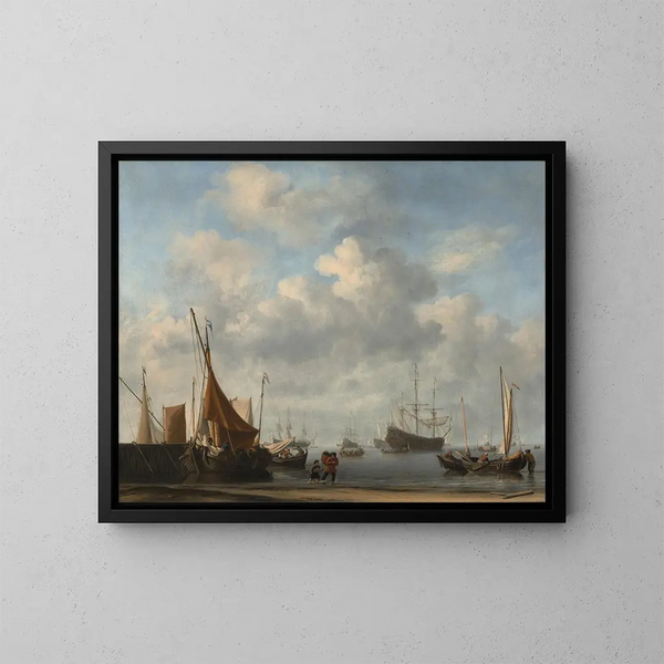 en holländsk hamn-entré - Willem van de Velde den yngre — inramlat konstverk på väggen