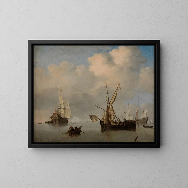 Mer calme avec deux petits caboteurs néerlandais à l'ancre bord à bord - Willem van de Velde le Jeune — inramlat konstverk på väggen