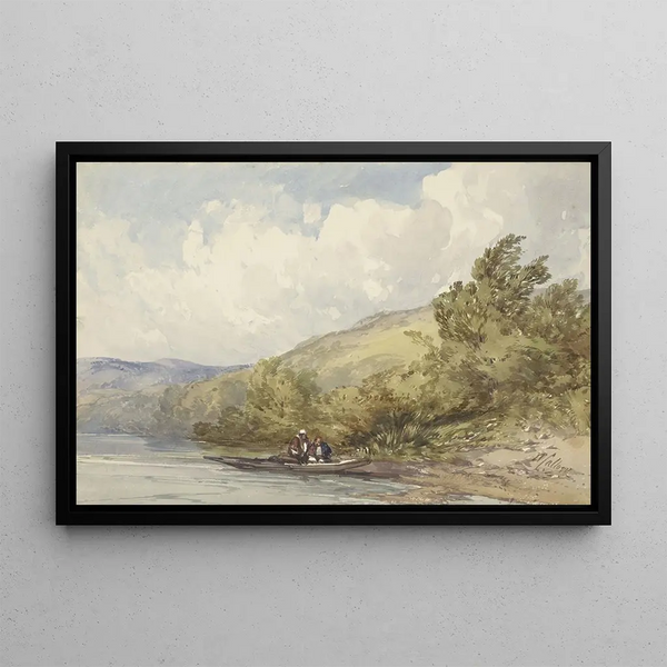 William Callow - Heuvellandschap met een meer en een boot met twee figuren.webp