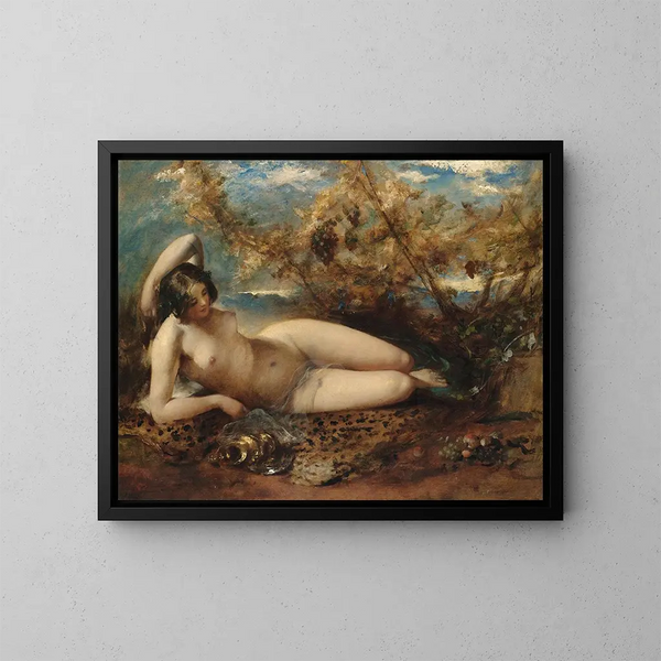 En ung kvinna som ligger på ett fårskinnsmatta - William Etty — inramlat konstverk på väggen