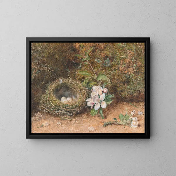 Nid d'oiseaux med blomstergrenar av äppleträd - William Henry Hunt — inramlat konstverk på väggen