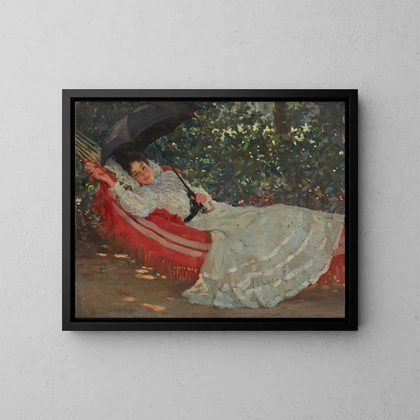 Le hamac rouge - William Henry Margetson — inramlat konstverk på väggen