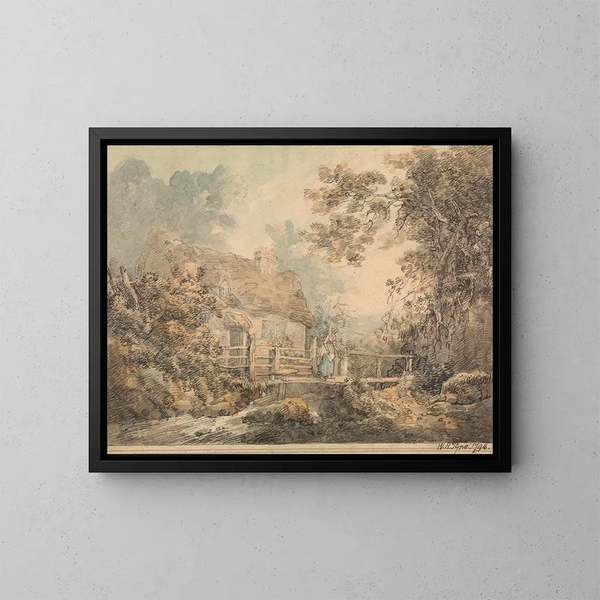 Cottage och ponton - William Henry Pyne — inramlat konstverk på väggen