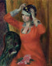 Flicka i röd klänning som fäster sin hatt - William James Glackens — vy av konstverket