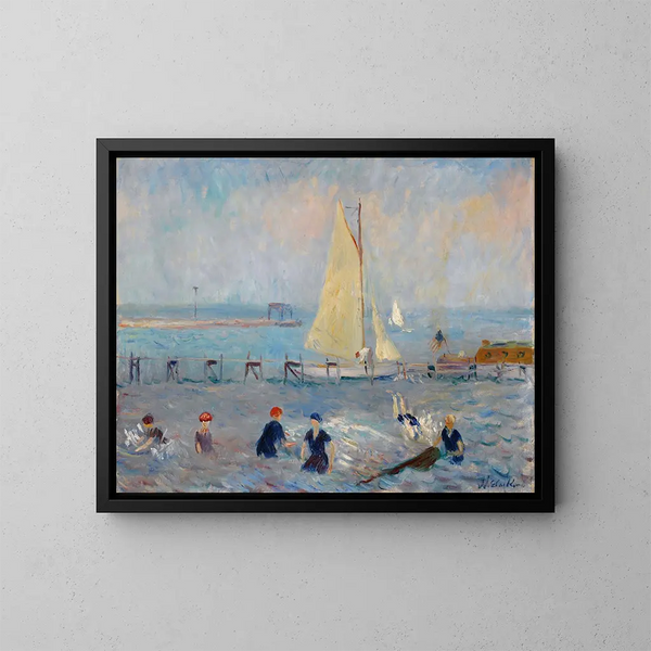 Landskap med hav och sex badare vid Bellport - William James Glackens — inramlat konstverk på väggen