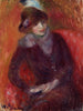 en sittande kvinna med en pälskrage och röd bakgrund - William James Glackens — vy av konstverket