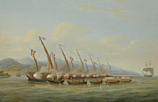William John Huggins - The Boats Of HMS Sloop Procris 10 Guns Engaging French Gunboats Off The Mouth Of The Indramayo Java.webp