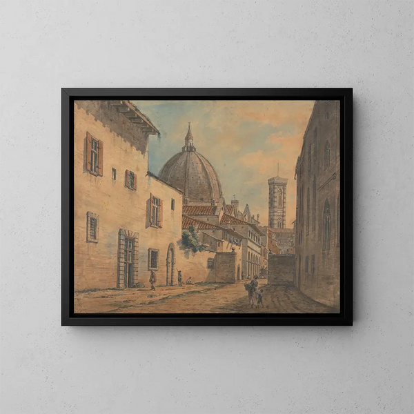 En gata i Florens med Duomo och Campanile i bakgrunden - William Marlow — inramlat konstverk på väggen