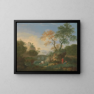 William Smith - A Landscape with Distant Classical Ruins a Bridge Figures and Cattle.webp