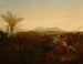 Vue du mont Egmont, Taranaki, Nouvelle-Zélande, prise depuis New Plymouth avec des Maoris chassant le bétail des colons - William Strutt — vy av konstverket
