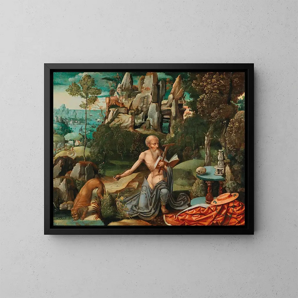 Saint Jérôme dans le désert - Atelier de Joachim Patinir — inramlat konstverk på väggen