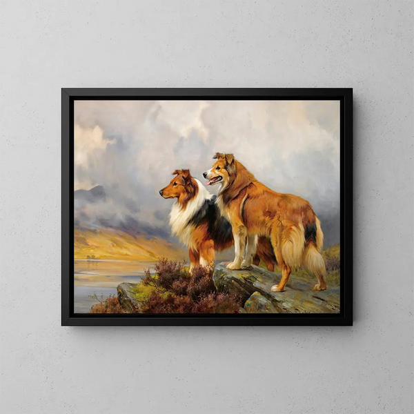 Deux colleys au-dessus d'un lac - Wright Barker — inramlat konstverk på väggen