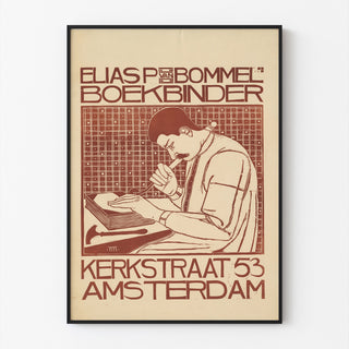 Art nouveau-affisch – Elias van Bommel – Theo Molkenboer, visad i tunn ram på en ljus vägg.