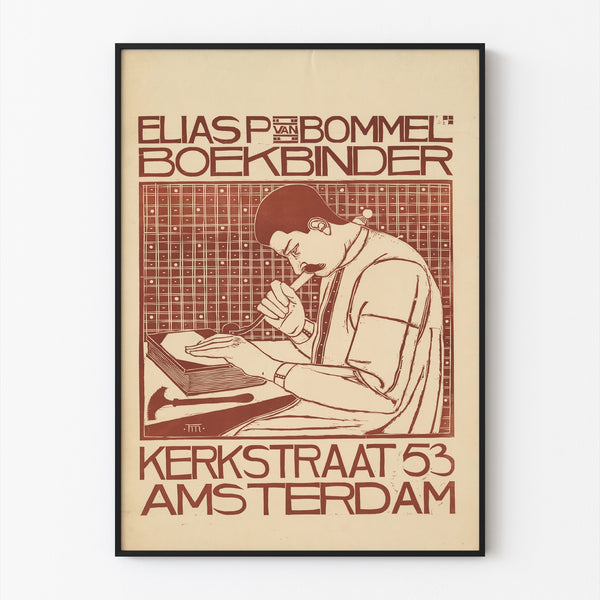Art nouveau-affisch – Elias van Bommel – Theo Molkenboer, visad i tunn ram på en ljus vägg.