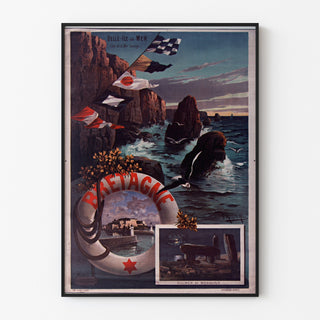 Vintageaffisch Bretagne – Belle-Île-en-Mer, Bretagne, i en tunn ram på en ljus vägg.