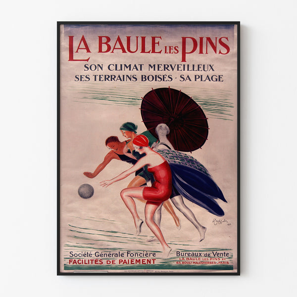 Bretagne-vintageaffisch – La Baule-les-Pins, i tunn ram på ljus vägg.