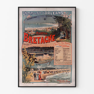 Bretagne-vintageaffisch – Bretagne stränder, järnvägar, i tunn ram på ljus vägg.