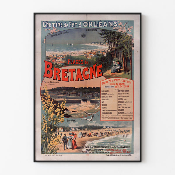 Bretagne-vintageaffisch – Bretagne stränder, järnvägar, i tunn ram på ljus vägg.