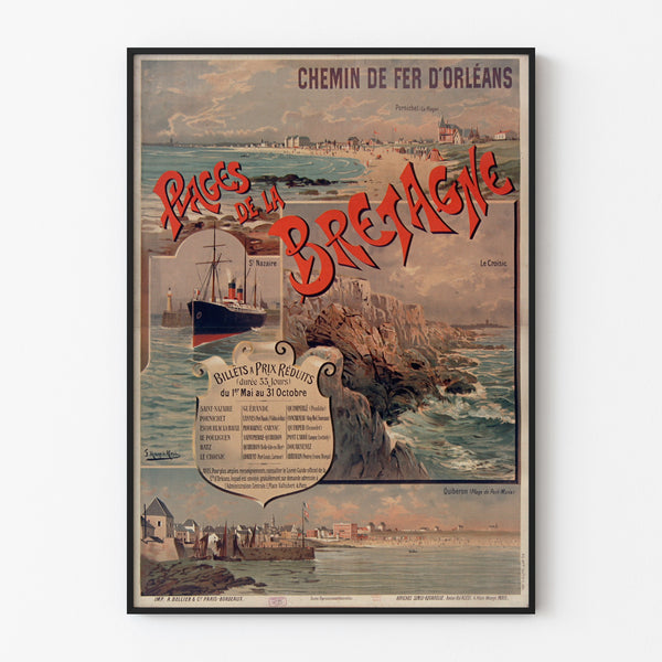 Vintageaffisch Bretagne – Bretagne-stränder, Orléans, i en tunn ram på en ljus vägg.