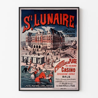 Vintageaffisch Bretagne – Saint-Lunaire, badliv, presenterad i en smal ram på en ljus vägg.