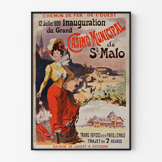 Vintageaffisch Bretagne – Saint-Malo, invigning av kasino, uppvisad i en tunn ram på en ljus vägg.