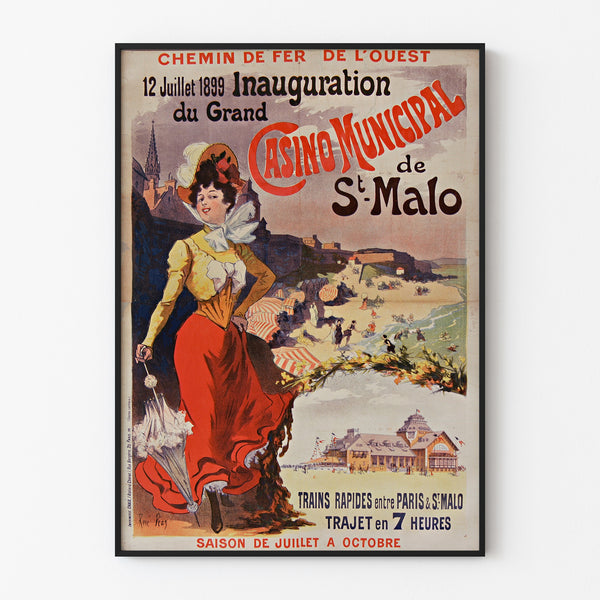 Vintageaffisch Bretagne – Saint-Malo, invigning av kasino, uppvisad i en tunn ram på en ljus vägg.